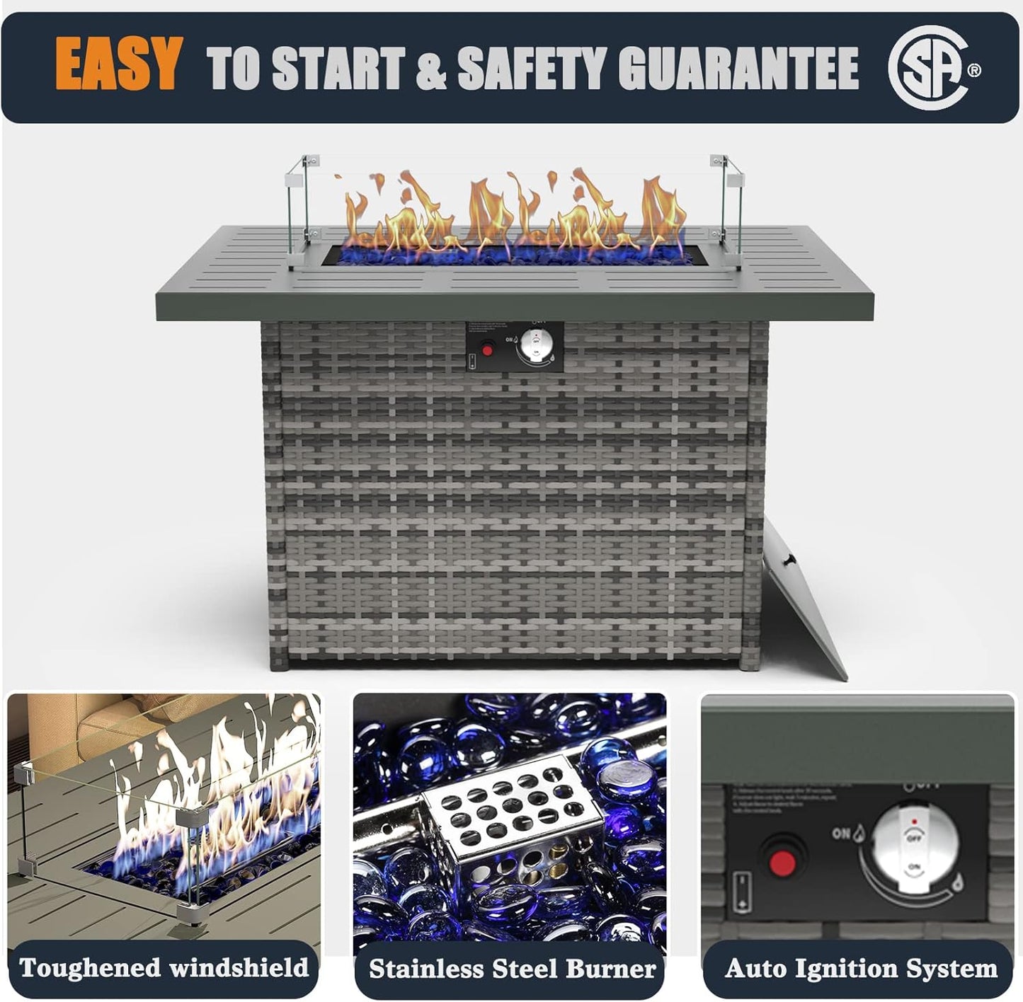 44 Inch Propane Gas Fire Pits Table for Outside Patio, 60000 BTU Rectangular Outdoor Wicker Rattan Fire Pit with Glass Wind Guard