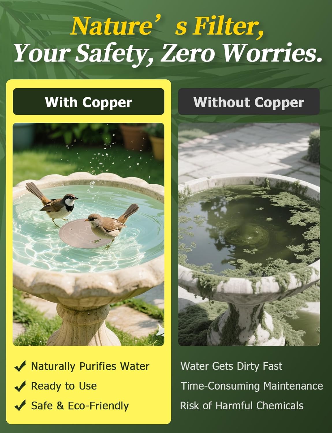 Mellbree 4-Pack Bird Bath Copper Disk, 0.6mm Reinforced 99.99% Pure Copper Cleaning Disk with Triple-Point Support for Physical Safe Clean Water All-Season