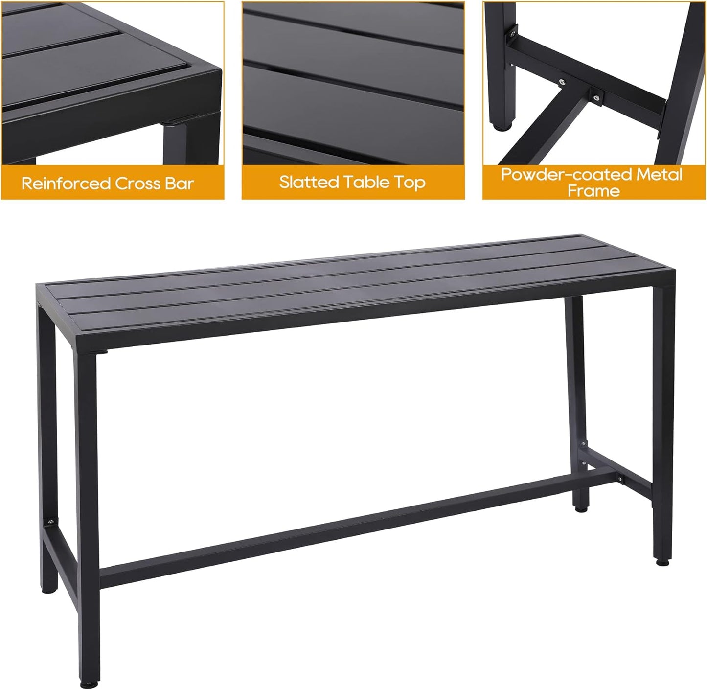 Outdoor Patio Bar Set, Bar Height Patio Dining Set, Weather-Resistant Bistro Counter Pub Set with Cushions & Slatted Tabletop for Backyard, Garden, Yard (63" Table, 6 "X Style Stool, Black)