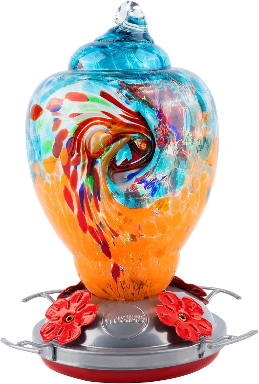 WOSIBO Hummingbird Feeder for Outdoors Patio Large 32 Ounces Colorful Hand Blown Glass Hummingbird Feeder with Ant Moat Hanging Hook, Rope, Brush and Service Card (Blue-Orange)