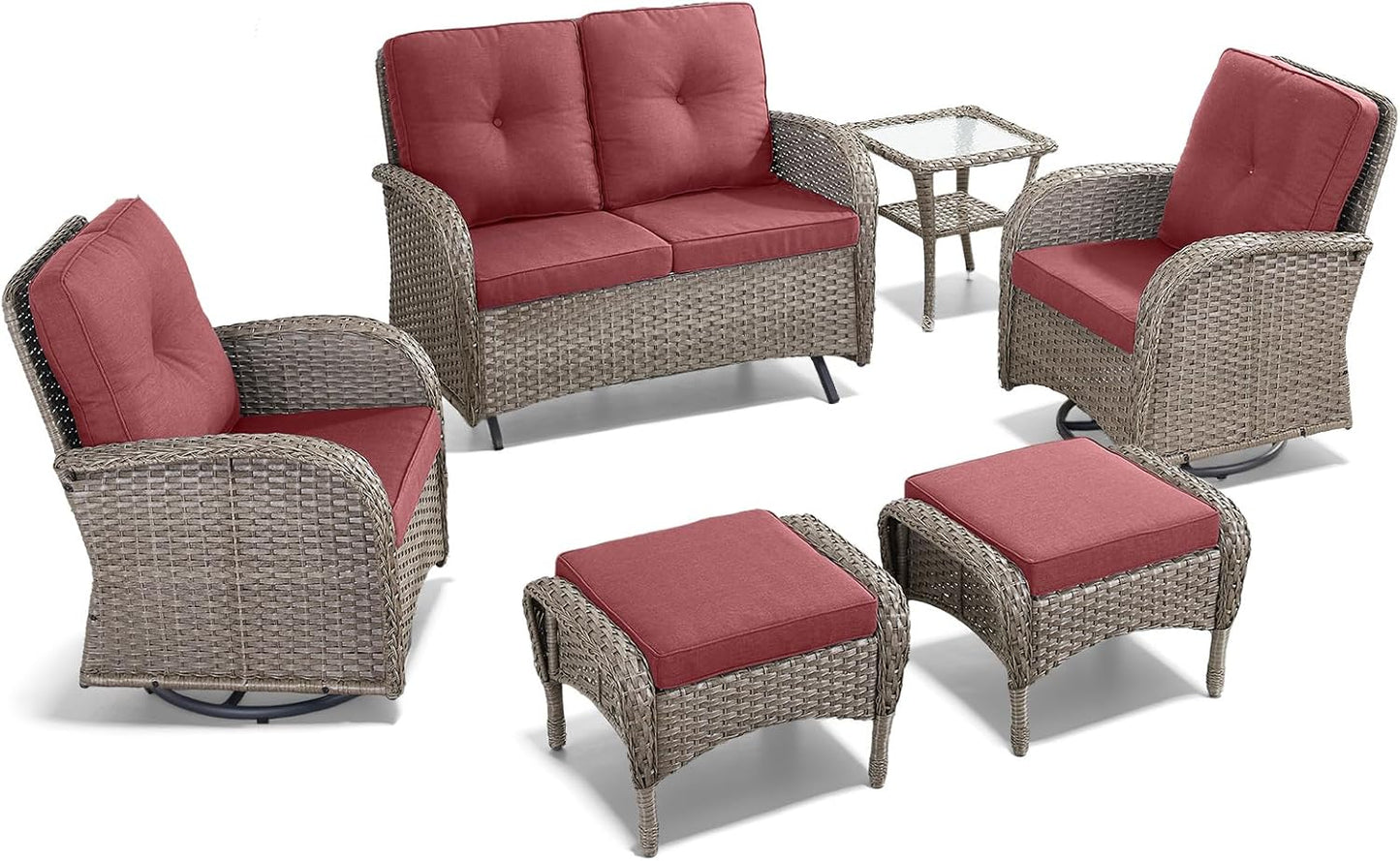HUMMUH 6 Pieces Patio Furniture Set-Patio Glider Loveseat with Rattan Outdoor Swivel Chairs Outdoor Conversation Furniture Sets for Deck Lawn Porch Balcony Poolside-Grey/Red