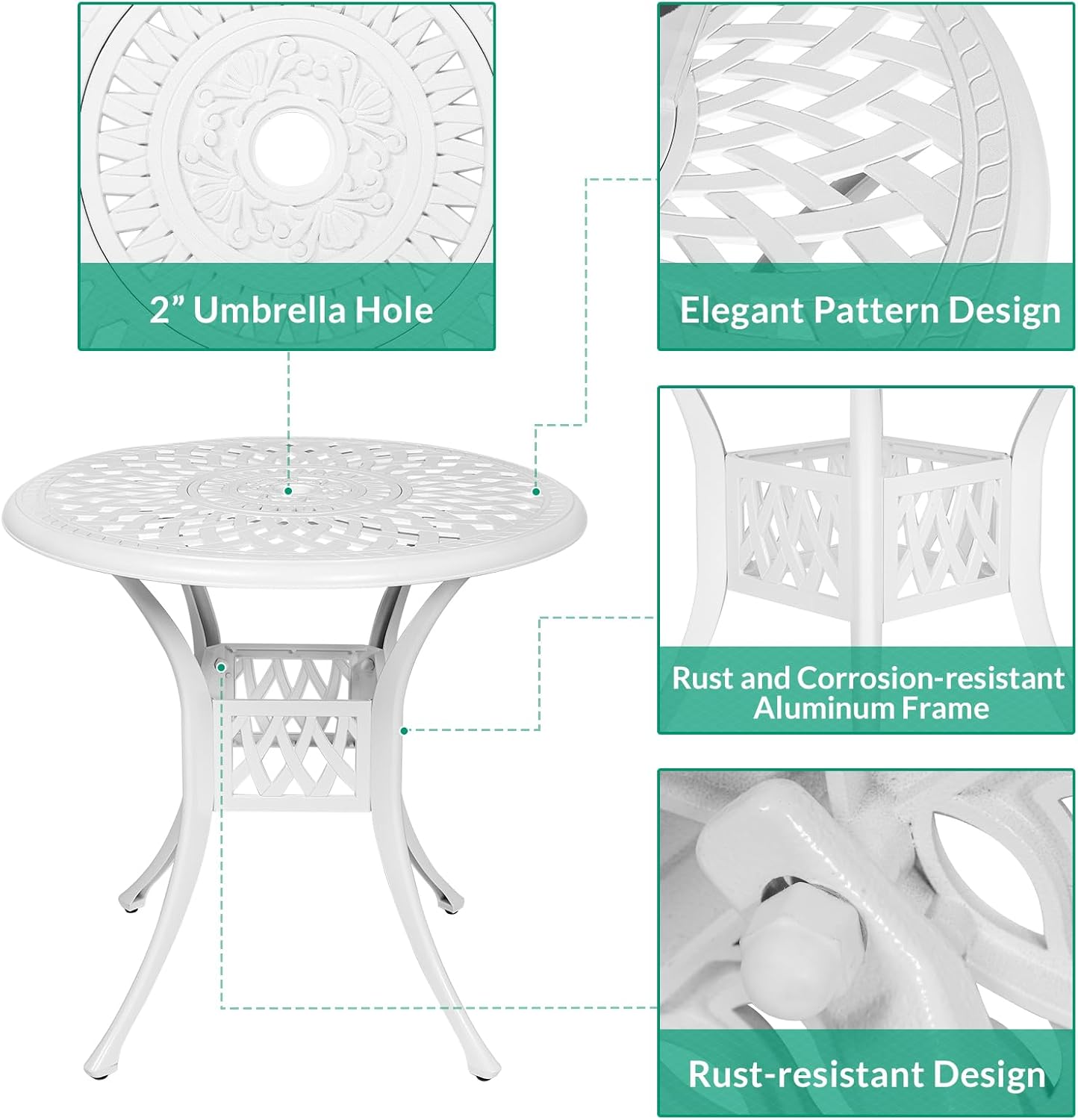 VIVIJASON 3-Piece Patio Bistro Set, Outdoor All-Weather Cast Aluminum Furniture Dining Set, Include 2 Swivel Rocker Chairs and 31" Round Table w/Umbrella Hole for Balcony, Lawn, Garden, White