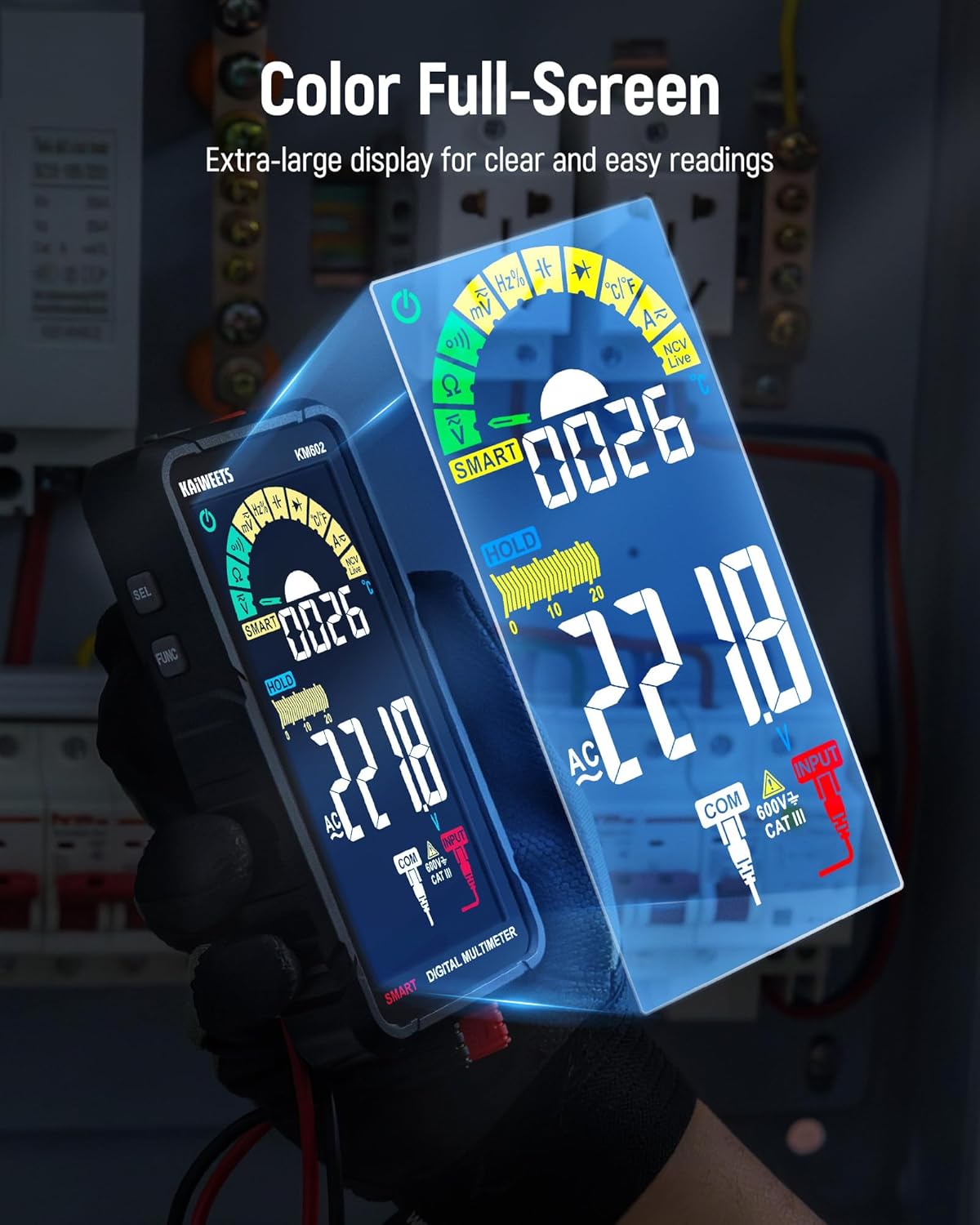 KAIWEETS Smart Multimeter Rechargeable Electrical Tester with Auto Ranging Digital Voltmeter Measures Voltage Current Resistance Continuity Capacitance Temperature Frequency NCV 6000 Counts TRMS