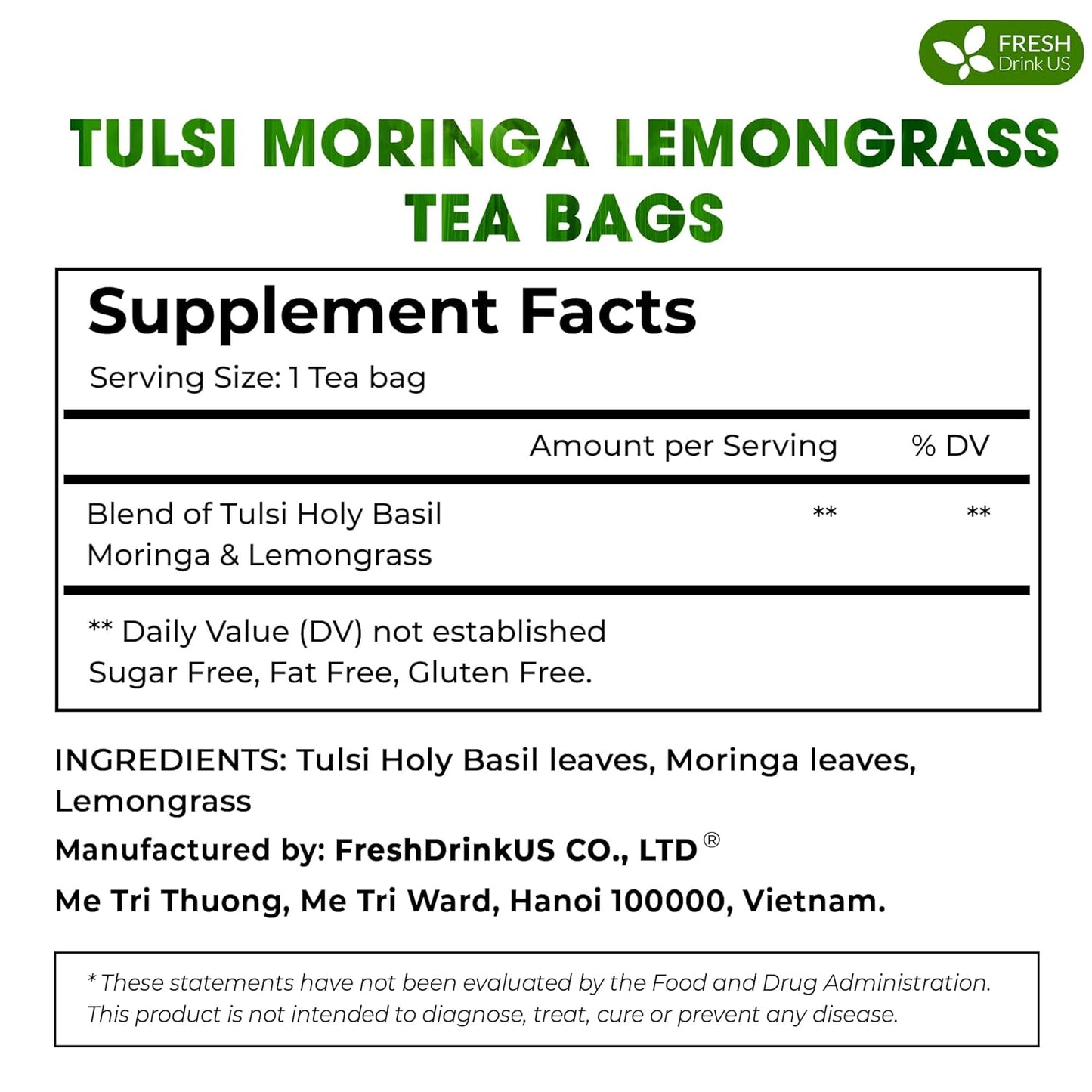 FreshDrinkUS, Premium 30 Tea Bags Tulsi Moringa Lemongrass, 100% Natural & Pure from Tulsi Holy Basil Leaves, Moringa & Lemongrass. Made with Natural Material Tea Bags. No Sugar, No Caffeine, Vegan.