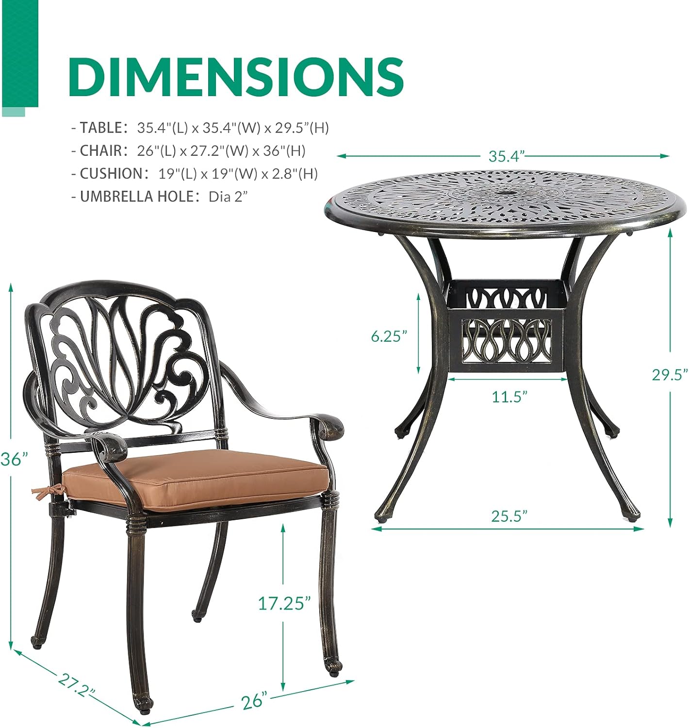 VIVIJASON 3-Piece Patio Bistro Sets, All-Weather Cast Aluminum Bistro Table Set Outdoor Patio Furniture, Include 2 Cushioned Chairs and 35.4" Round Table, 2" Umbrella Hole