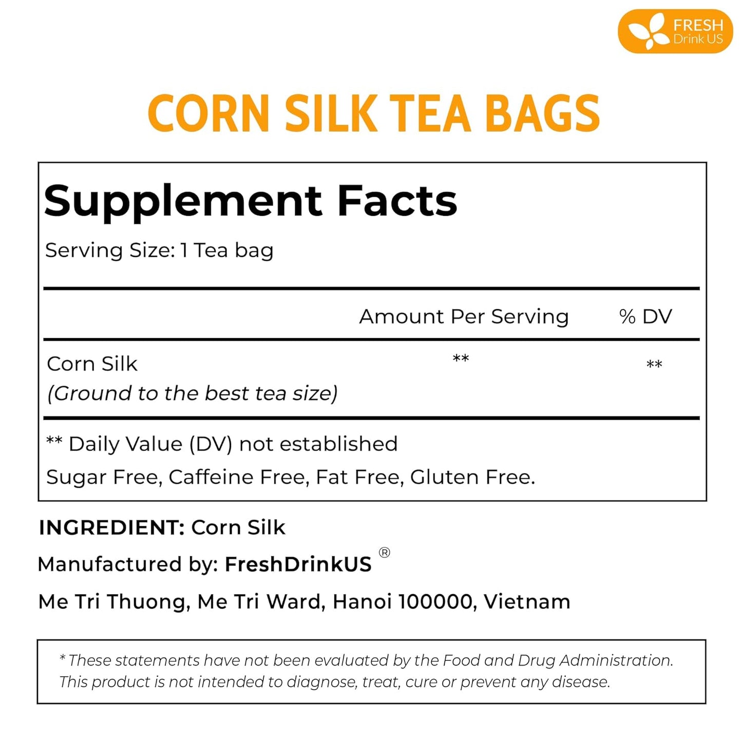 FreshDrinkUS, Premium 40 Tea Bags Corn Silk Tea, 100% Natural & Pure from Corn Silk. Corn Silk Herbal Tea. Clean Ingredients. Made with Natural Material Tea Bags. No Sugar, No Caffeine, Vegan. (40 Tea bags Corn Silk)