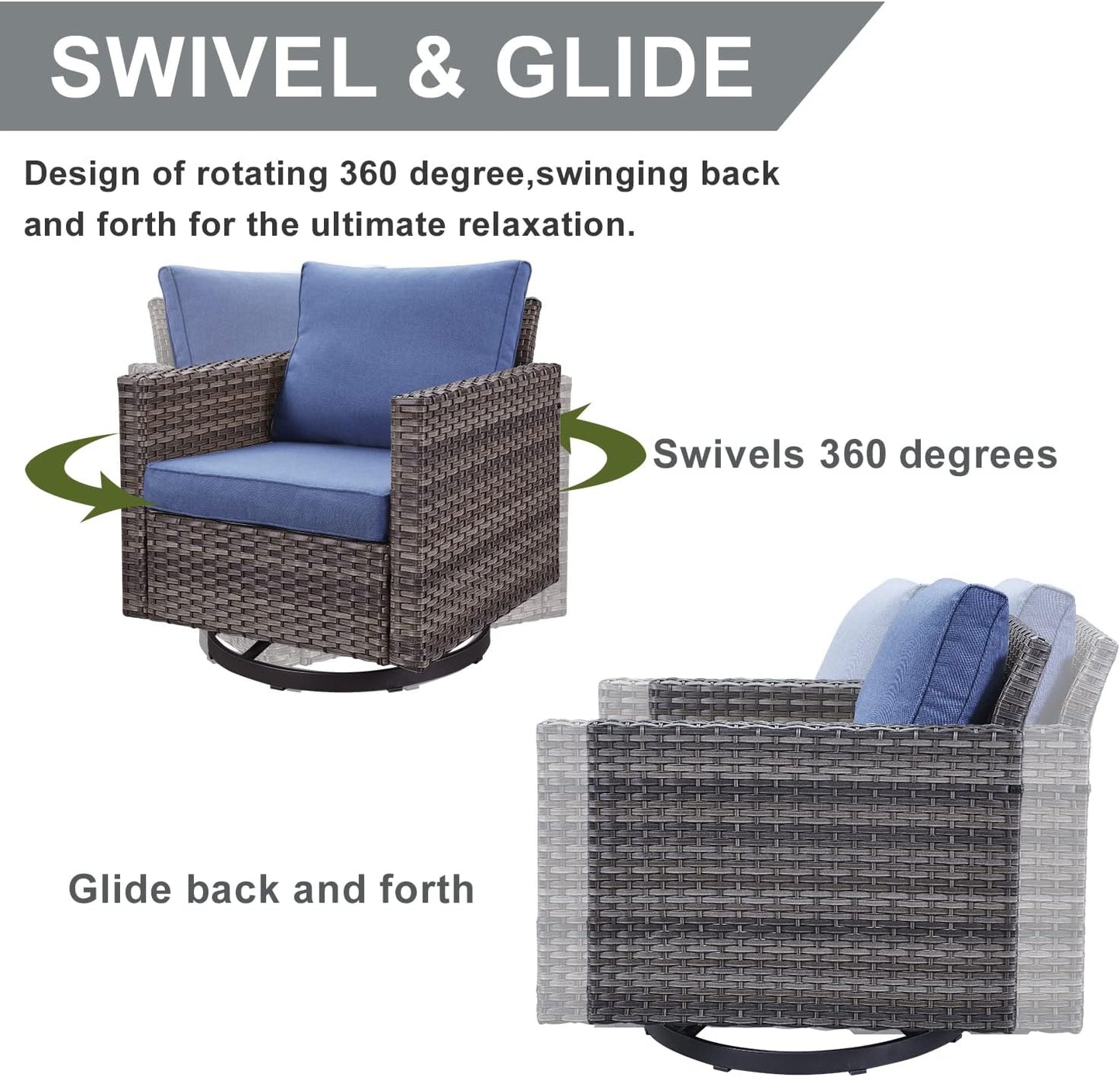 HUMMUH 7 Piece Patio Furniture Set with Fire Pit 41in 55,000 BTU,Wicker Outdoor Conversation Sets - Patio Swivel Chairs Sofa Ottomans,Side Table for Porch,Garden,Backyard