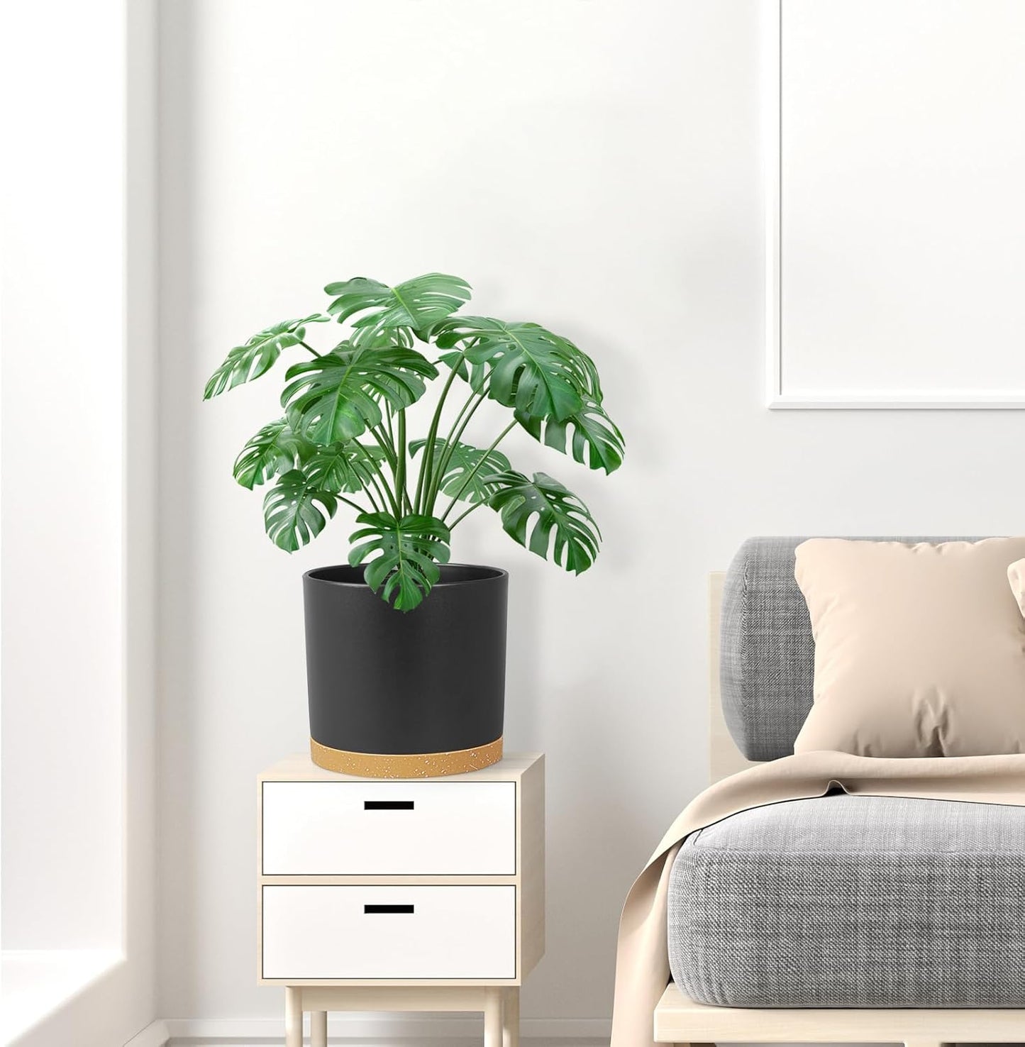 10 Inch Large Deep Plant Pots for Indoor Outdoor, Tall Cylinder Flower Pots with Drainage Holes & Saucer, Big Plastic Planter Pots for Garden House Plants, Black with Brown