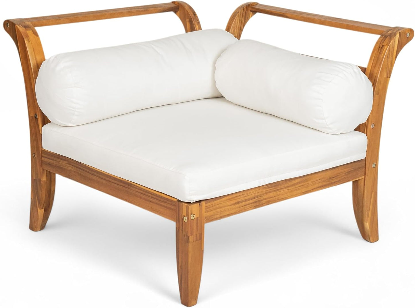 6 Piece Acacia Wood Patio Sofa Set, Outdoor Modular Sectional Garden Furniture Set with Tea Table, Ottoman, 5 Cushions and Pillows, L-Shaped Conversation Daybed for Patios, Poolsides, Gardens