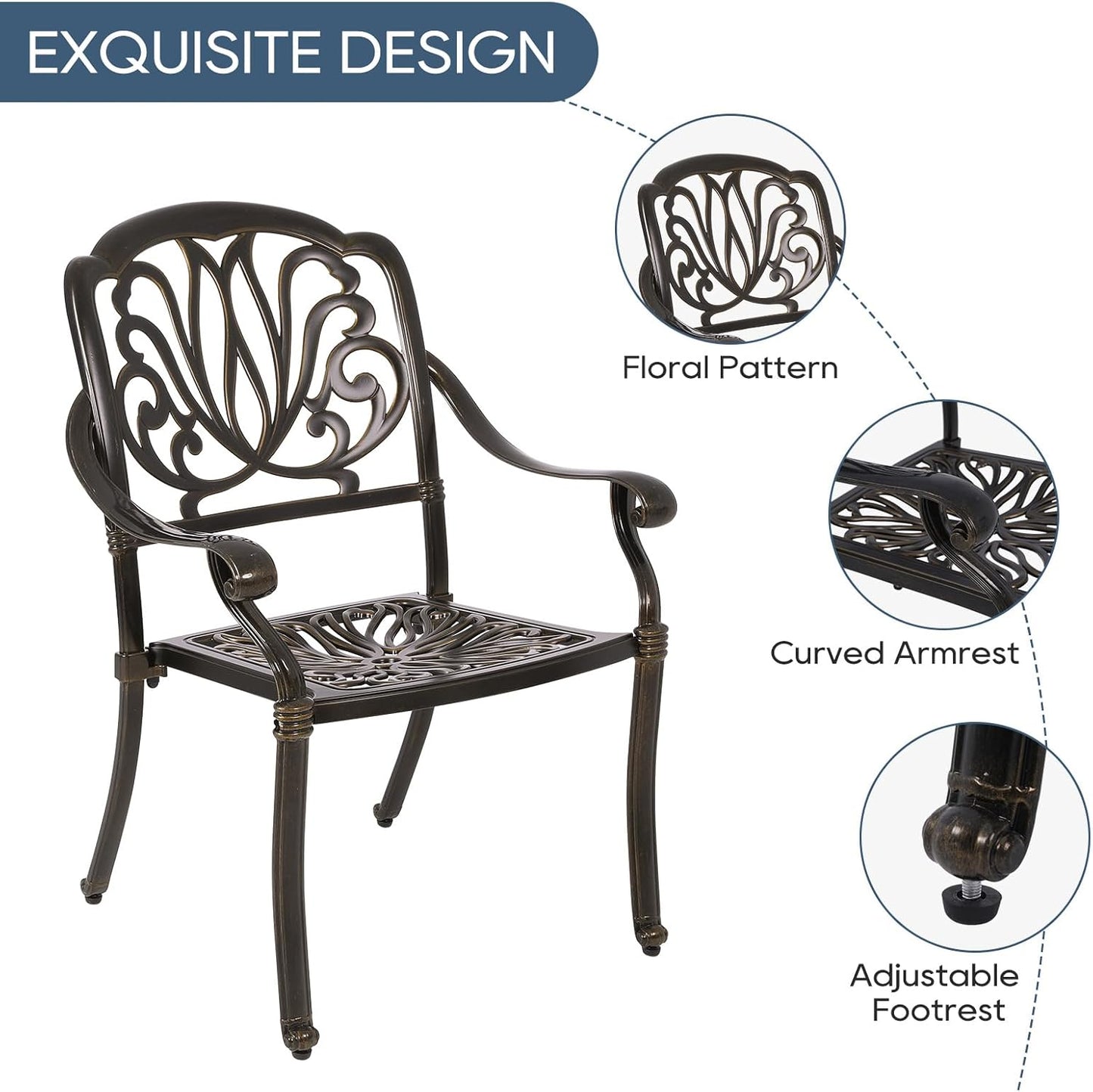 Cast Aluminum Outdoor Patio Dining Set, All Weather Outdoor Furniture Dining Set for Patio, Balcony, Lawn, Garden, Backyard (1 Round Table+2 Dining Chairs)