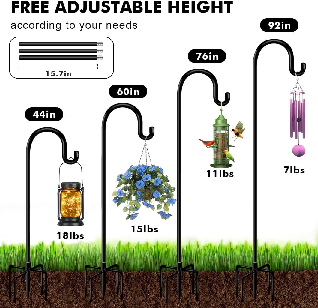 76 in Outdoor Shepherd Hooks for Hanging Plants, Garden Adjustable Heavy Duty Hummingbird Feeder Pole Stand Hanger with Stand for Solar Lantern Flower Baskets Wind Chimes, Black 1 Pack