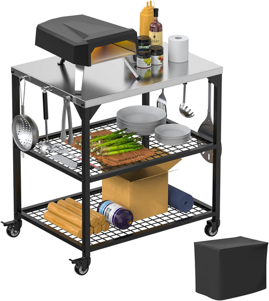 Outdoor Grill Cart,Pizza Oven Table with 4 Wheels,Three-Shelf Movable Dining Cart Table,BBQ Food Prep Work Table,Stainless Steel Flattop Grill Stand for Kitchen Backyard, with Waterproof Cover