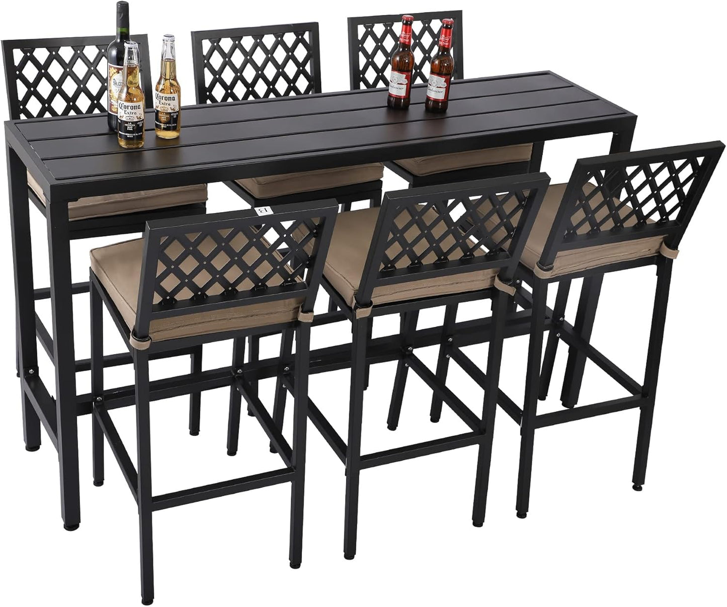 Outdoor Patio Bar Set, Bar Height Patio Dining Set, Weather-Resistant Bistro Counter Pub Set with Cushions & Slatted Tabletop for Backyard, Garden, Yard (63" Table, 6 "X Style Stool, Black)