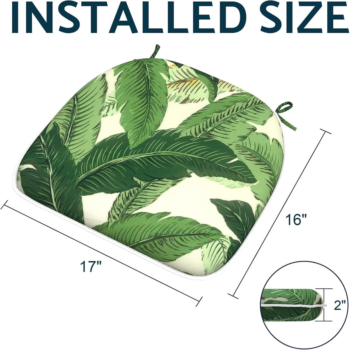 Indoor/Outdoor Chair Cushions 16x17 Inch, Patio Chair Cushions with Ties, All Weather Seat Cushions for Patio Furniture Home Garden Chair Use, Set of 4, Swaying Palms Green