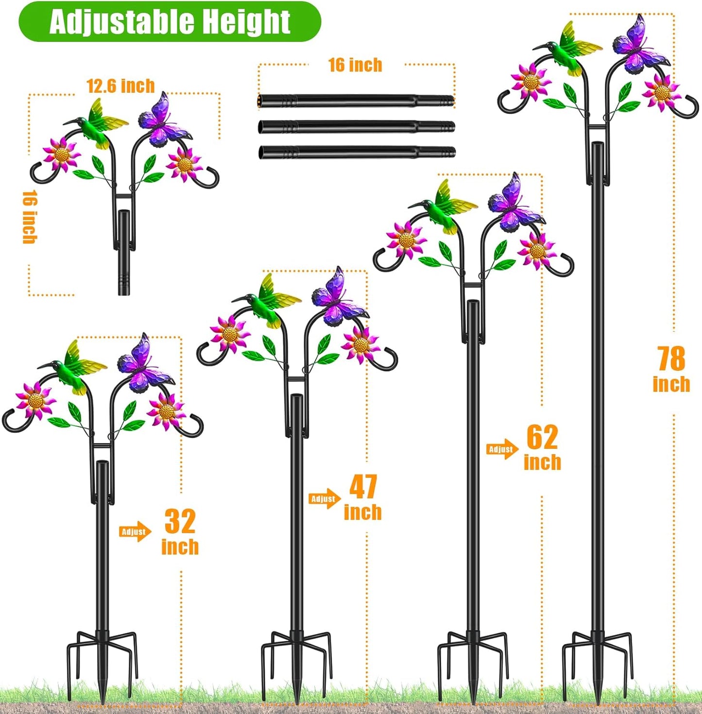 Double Shepherds Hooks for Outdoor, Artistic Hummingbird & Flower Design, 5 - Prong Base, Ideal for Bird Feeders, Baskets & Lanterns (1 Pack)