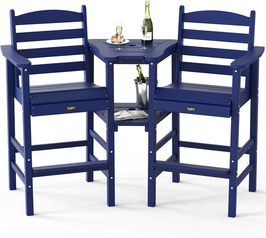 VINGLI Tall Adirondack Chairs Set of 2 with Removable Double Connecting Trays, HDPE Weather Resistance Outdoor Bar Stools Poly Deck Chairs for Patio Pool, 350LBS Capacity (Navy Blue)