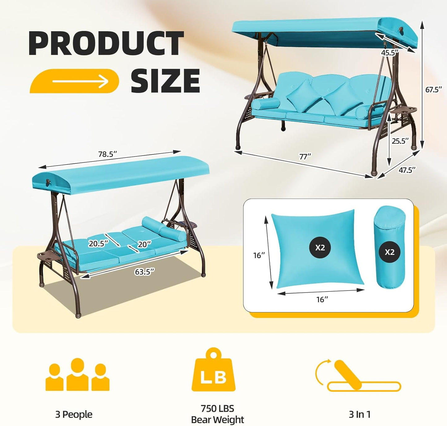 3-seat Patio Swing with Canopy,Convertible Outdoor Swing Bed with Thick Cushions, Pillows & Cup Holders, 3-Seat Outdoor Swings Chair for Backyard, Garden, Deck(Lake Blue)