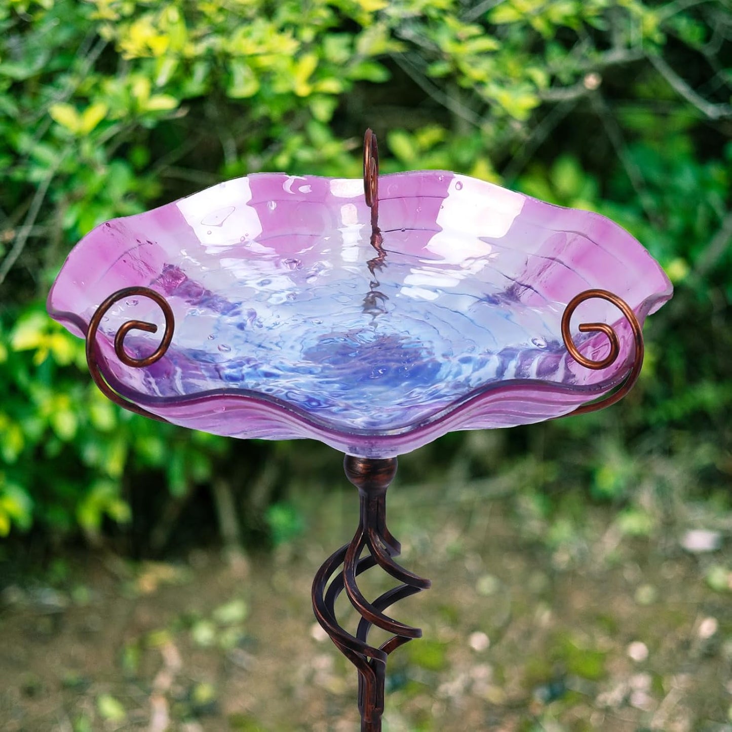 MUMTOP 31 Inch Height Glass Birdbaths, Outdoor Bird Bath Birdfeeder with Metal Stake Garden Yard Outside, Purple