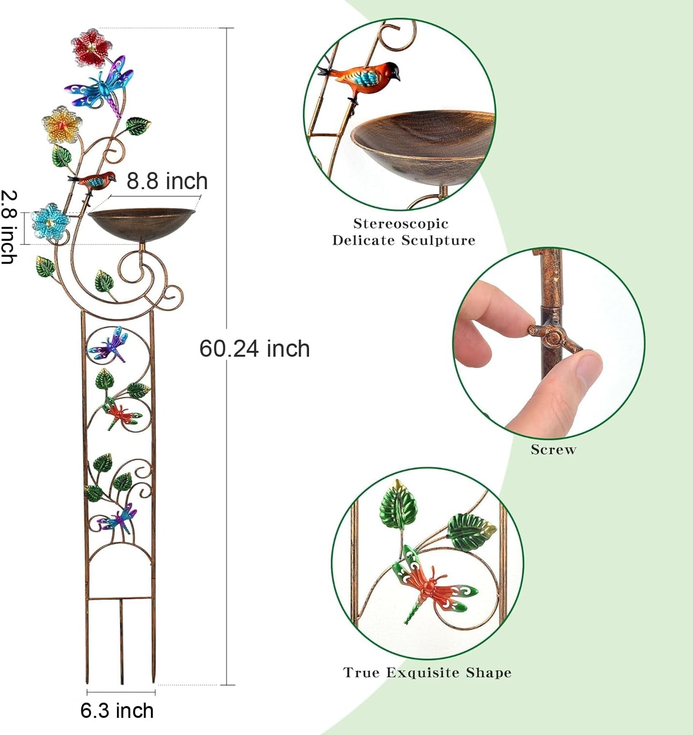 57” Bird Bath with Garden Trellis for Climbing Plants Outdoor, Small Decorative Metal Birdbath Bird Baths, Dragonfly (Dragonfly)