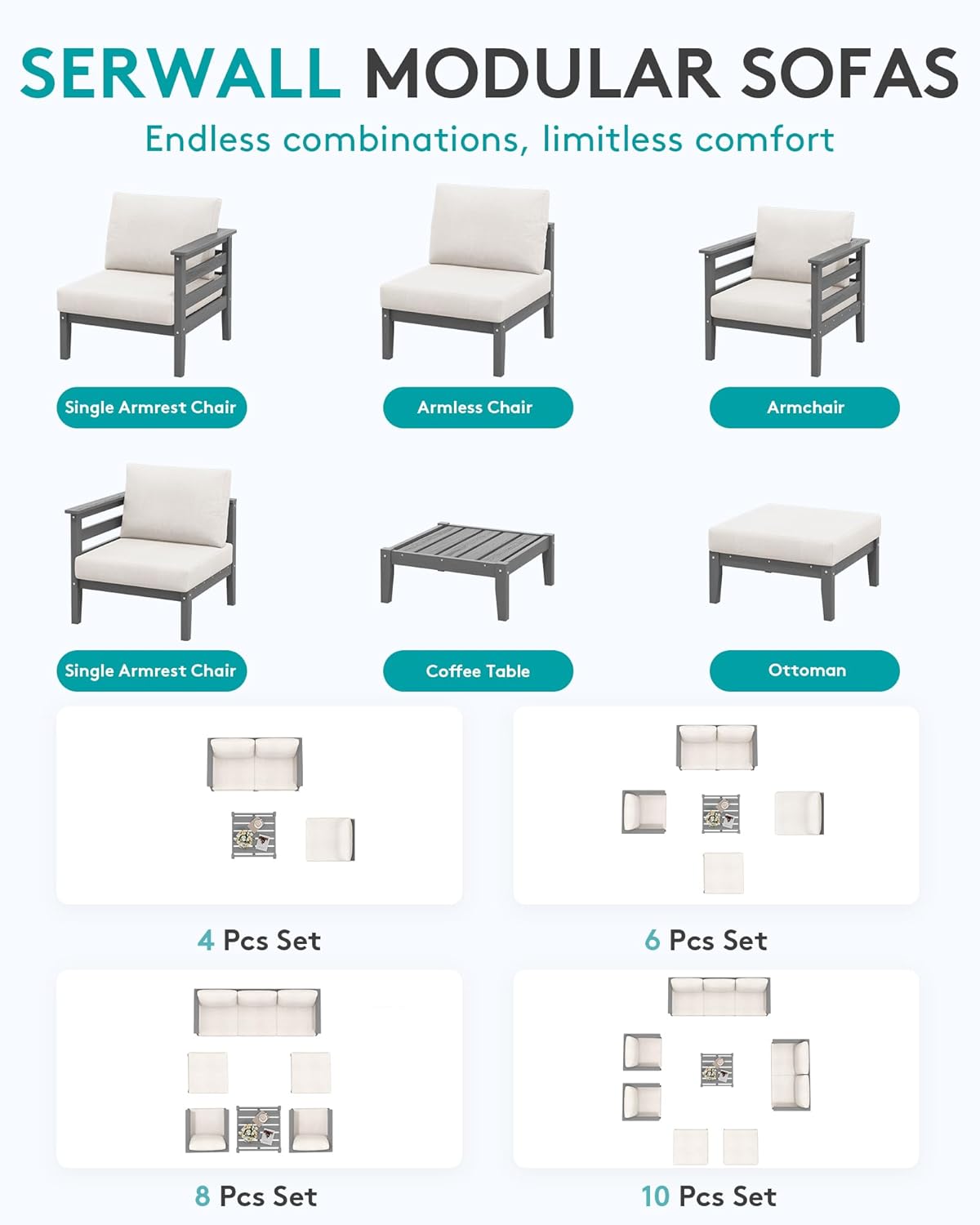 SERWALL HDPE Patio Furniture Set, 8 Pieces Composite Outdoor Furniture, All-Weather Wood-Like Outdoor Sofa Couch with Coffee Table for Deck, Lawn, Grey Frame with Khaki Cushion