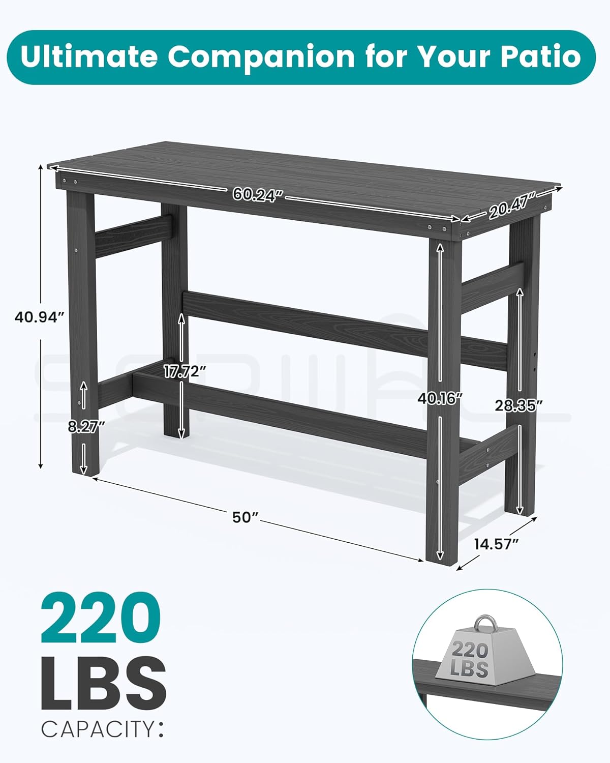 SERWALL 41" Outdoor Bar Table, All Weather HDPE Patio Bar Counter Height Table, Rectangle Patio Bar Table for Outside, Garden, Backyard, Balcony, Poolside, Grey