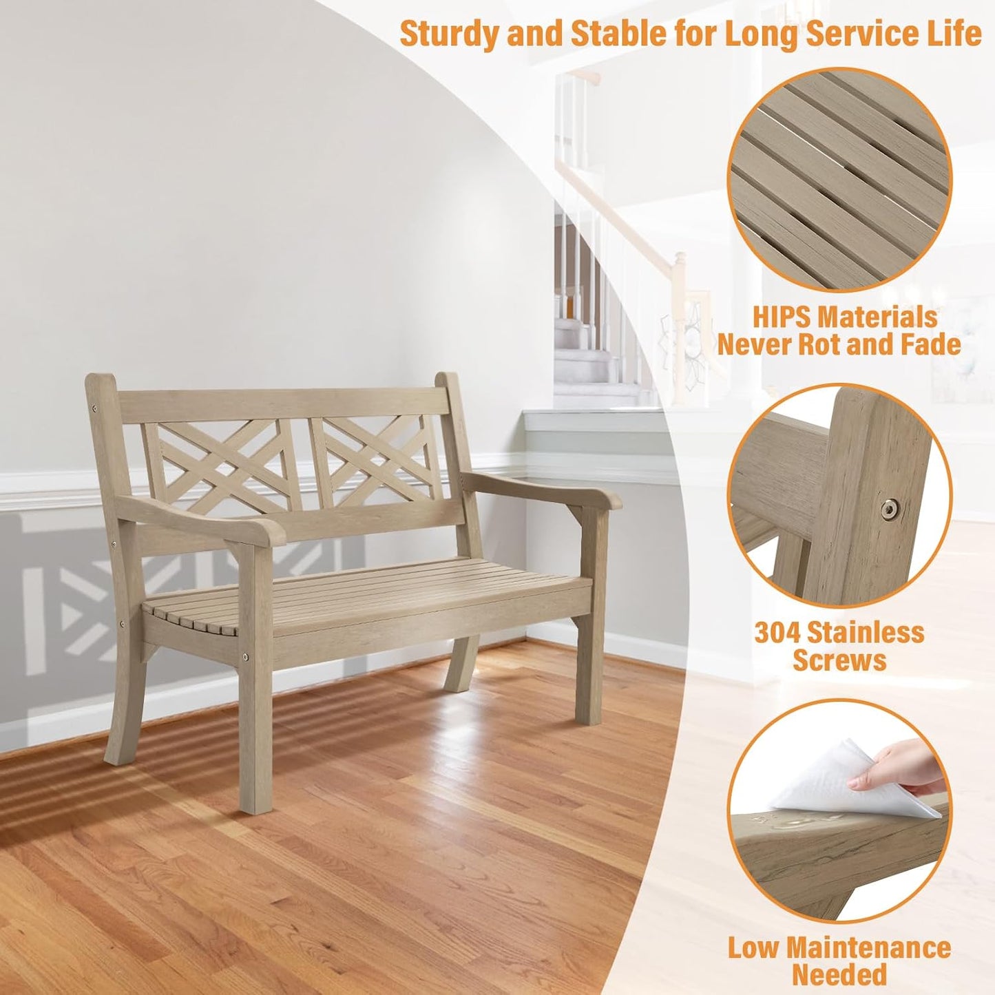 Psilvam 49''W All-Weather Poly Lumber Outdoor Bench – Grey, 2-Person Garden Bench with Decorative Backrest & Curved Armrests, Anti-Fade Patio Bench for Porch, Backyard, and Park(Grey)