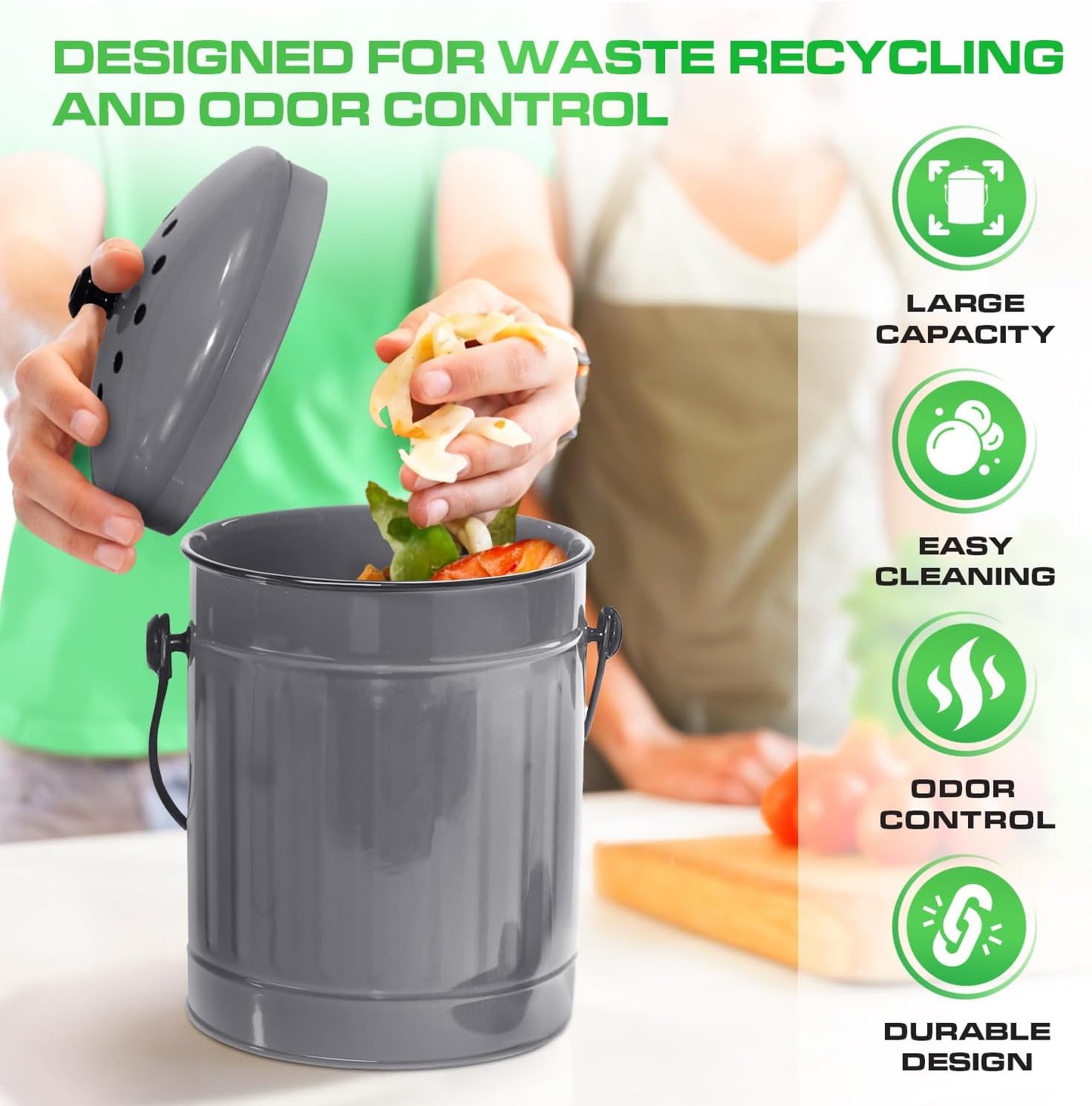 Plexon Countertop Compost Bin Kitchen with Lid, Gray 1.5 Gallon Odorless Container, Steel Food Compost Bucket for Kitchen with Charcoal Filter, Compost Pail for Countertop