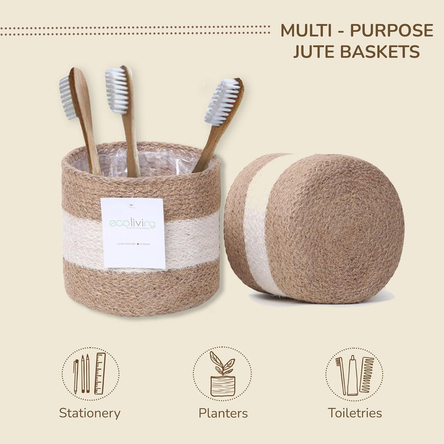 Jute Planter Basket -Sustainable Woven Rope Covers for Decorating Indoor/Outdoor Plants Pots 6.5x6.5x6 Inches Ideal Size for 6" Planter-Multi-Purpose Storage Set of 2 White & Natural Jute