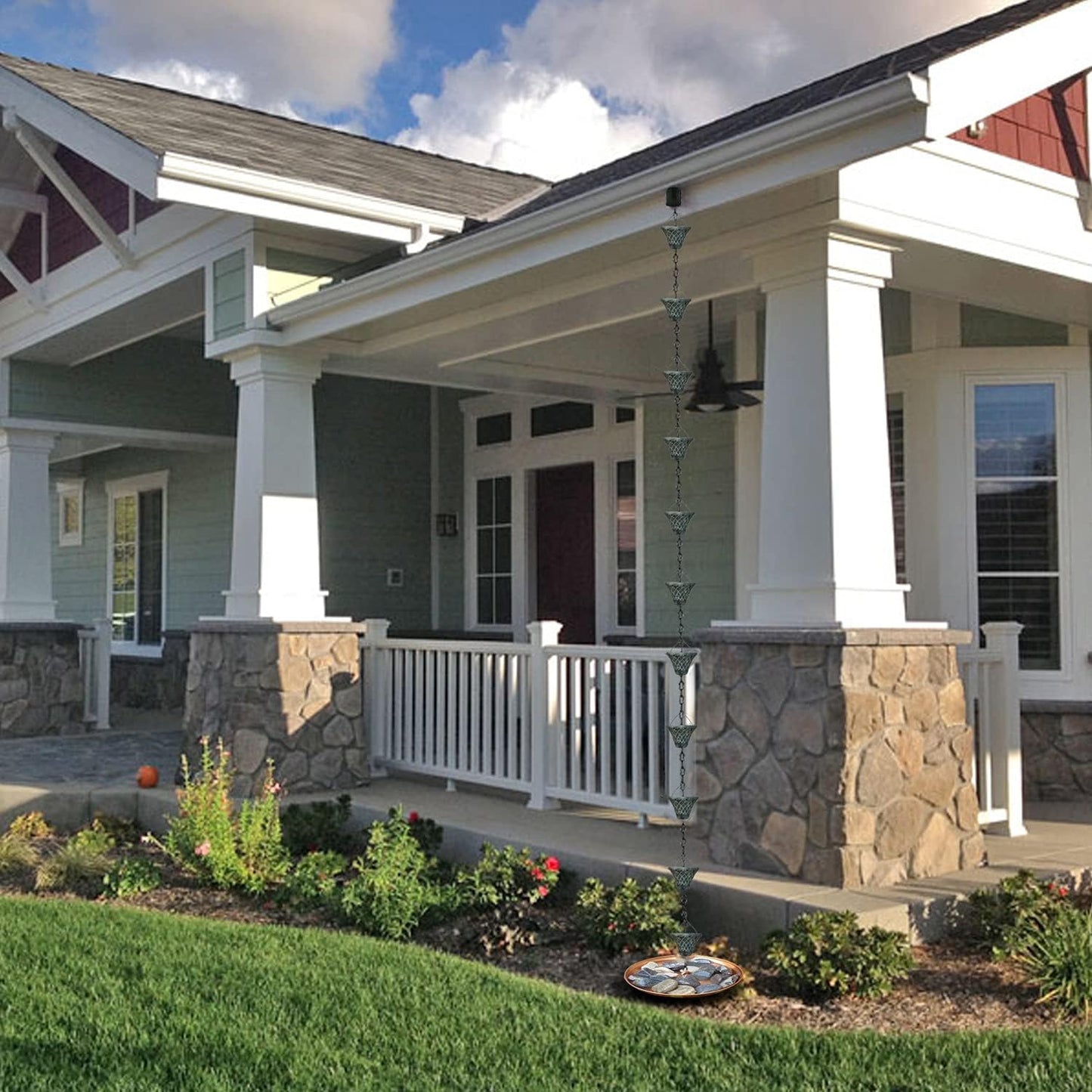 8.5FT Bell Iron Rain Chains for Gutter and Rain Barrel, Rust-Resistant Plated Garden Décor for Downspout, Bonus Rain Chain Gutter Adapter (Antique-Gray)