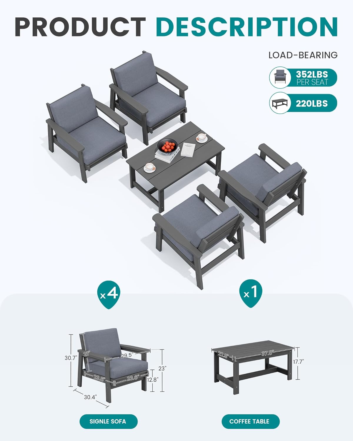 SERWALL Outdoor Patio Furniture Set, 5 Piece HDPE Patio Conversation Sets, All-Weather Wood-Like Outdoor Couch Loveseat and Coffee Table with Thick Cushions for Porch Balcony Garden Backyard