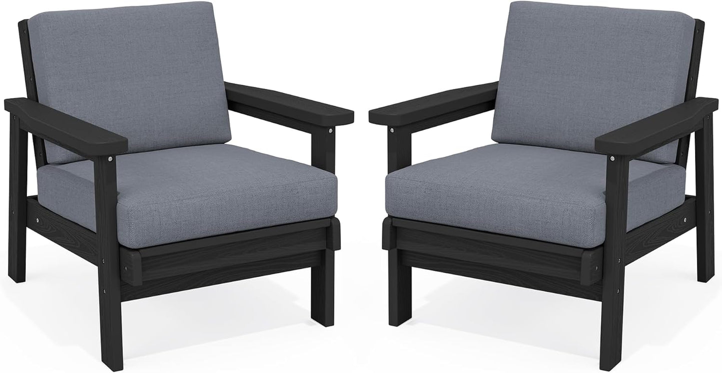 SERWALL HDPE Outdoor Couch Set of 2, Black Frame and Grey Cushion