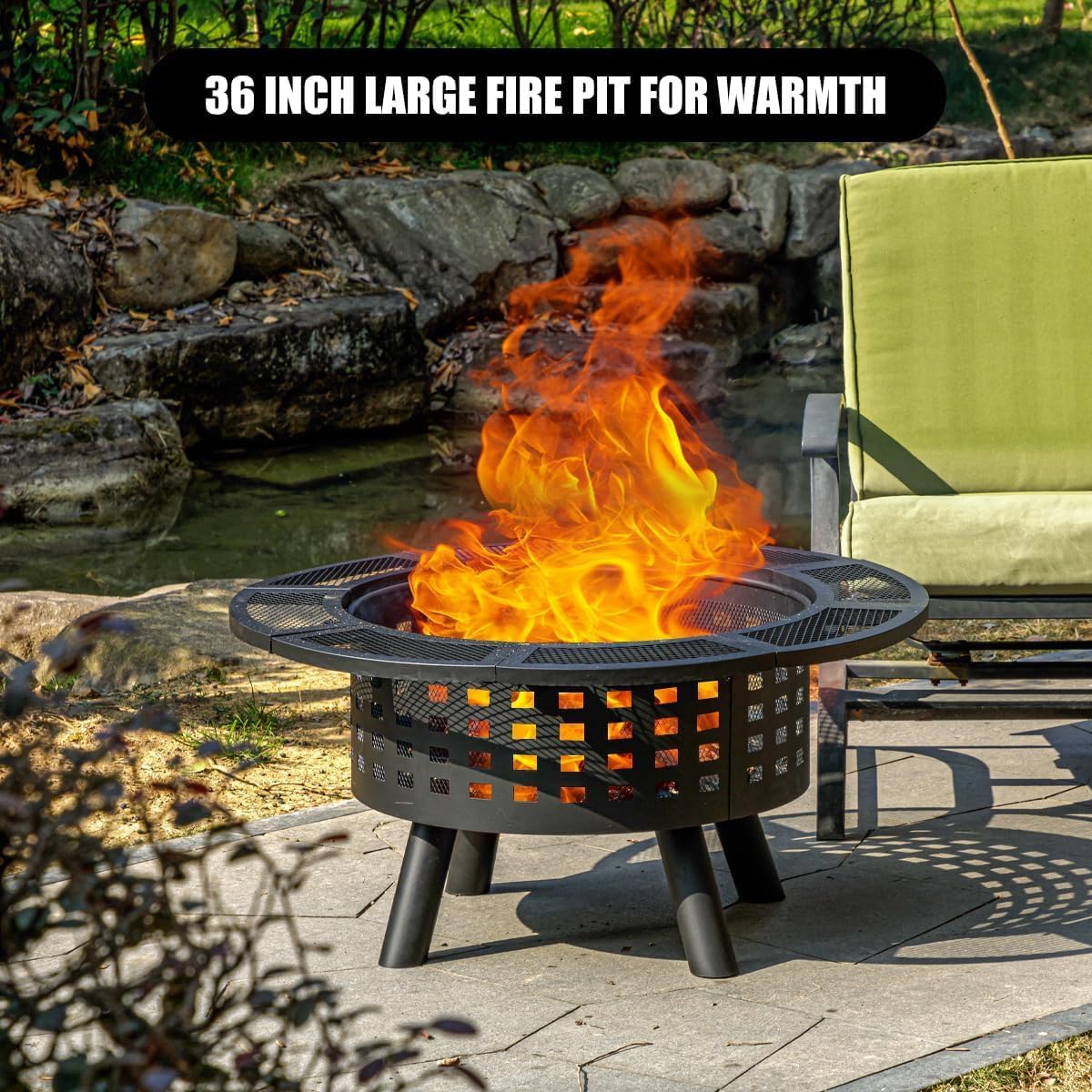 36 inch Outdoor Fire Pit with Grill,Wood Burning Firepits for Outside with Lid & Fire Poker,Metal 3-in-1 Fire Pit Table with Cooking Grate,Outdoor Fireplaces for Bonfire,Yard,BBQ（Jet Black）