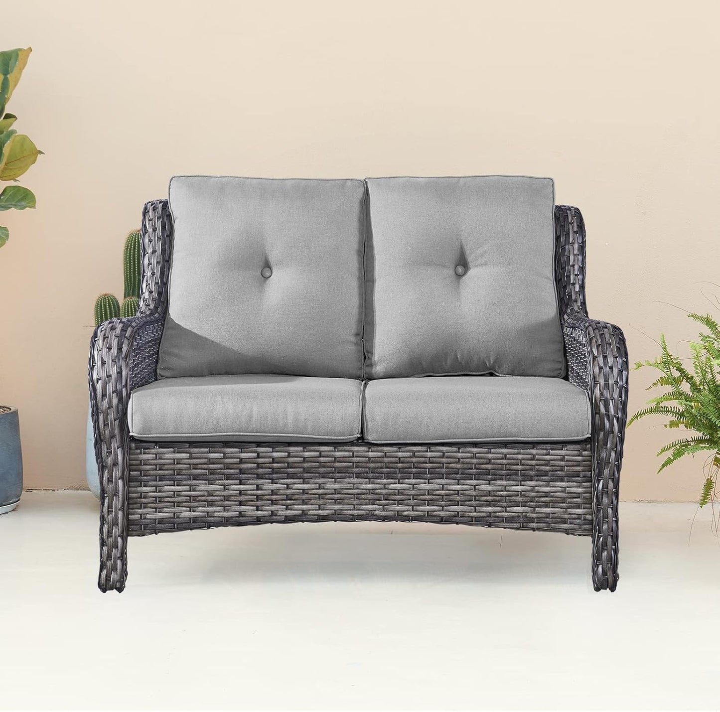 Outdoor Loveseat Small Patio Furniture 2 Seater Sofa Brown Wicker Couch Rattan Settee for Single-Family House