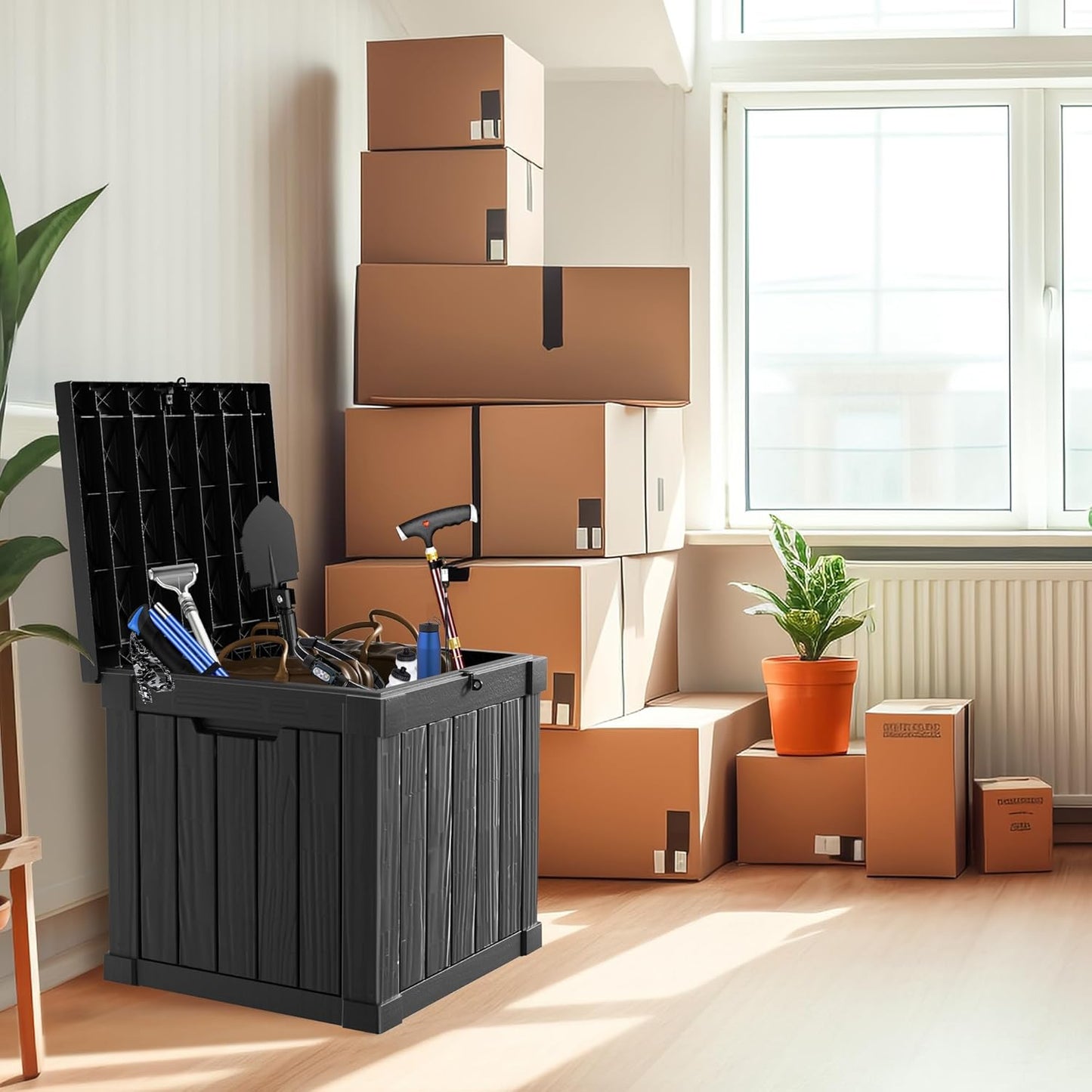 51 Gallon Resin Deck Box, Lockable Patio Outdoor Storage Box for Furniture, Garden Tools and Tools Storage, Waterproof Outside Storage Boxes - Black