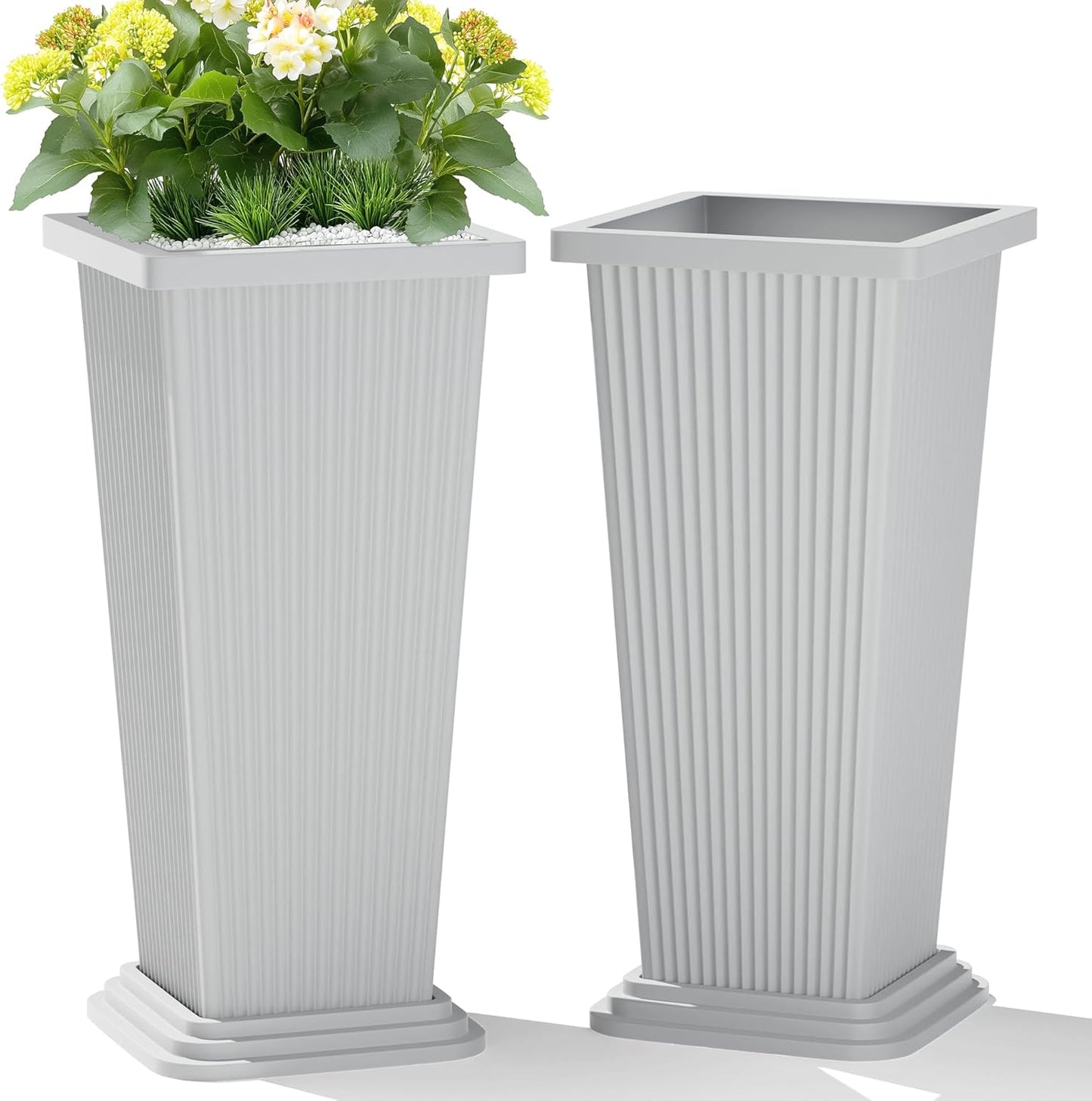 Set of 2 Large Tall Planter for Indoor or Outdoor 24" Flower Pots Tapered Tall Planters with Tray for Porch, Patio, Backyard, Large Planters for Outdoor Indoor Plants(White,Striped)