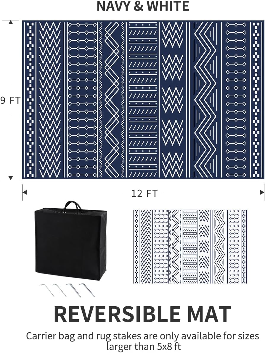 COCOER Outdoor Rug Carpet Waterproof 9x12 ft Patio Rug Mat Indoor Outdoor Area Rug for RV Camping Picnic Reversible Lightweight Plastic Straw Outside Rug for Patio Decor Decoration Boho Rug