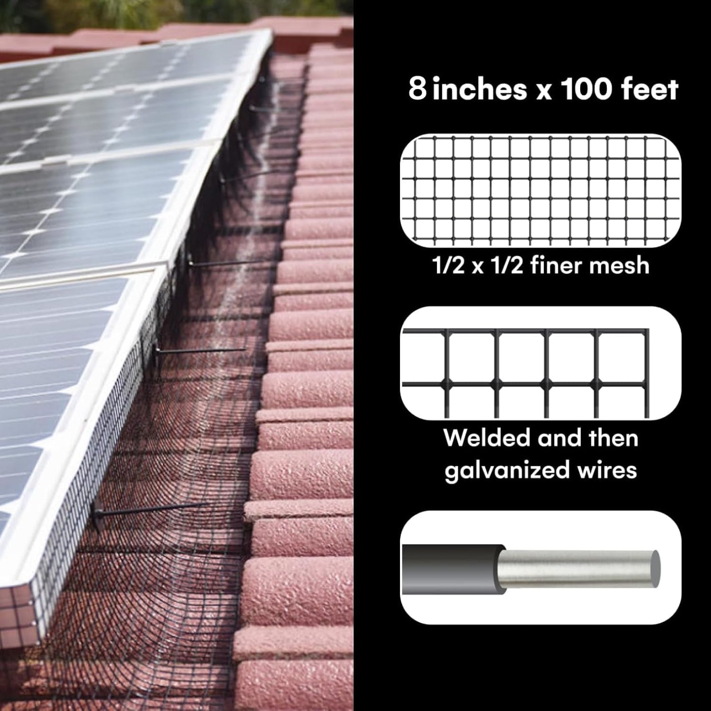 Lianart 6In x 100Ft Solar Panel Bird Guard, Solar Screen, Exclusion Mesh Roll Fence Kit | Black PVC Coated, ½ Inch Wire, Critter Guards for Solar Panels, Pigeon Netting, Roof Protection Net