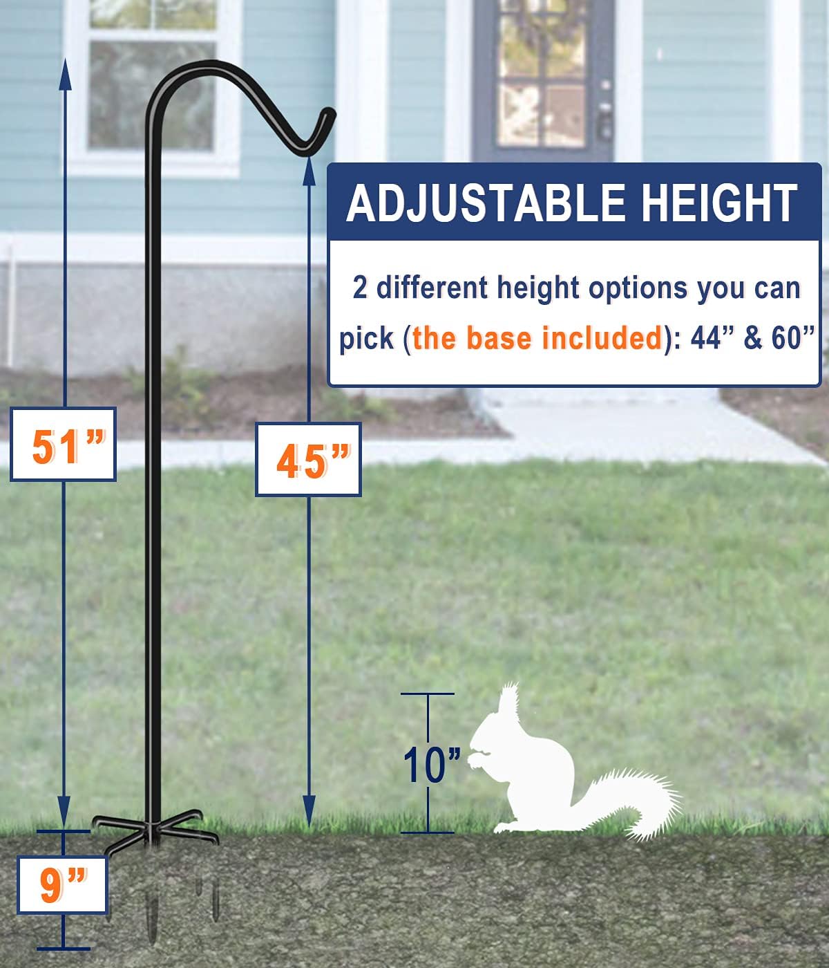 Shepherds Hook for Outdoor Bird Feeders Pole 60 Inch Tall, Adjustable Heavy Duty Garden Hanger Stake Pole with 5 Prong Base, Shiny Black (2 Packs)