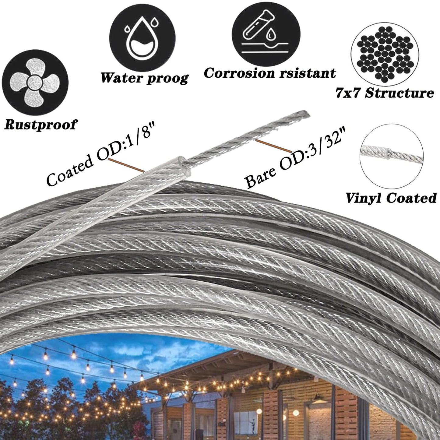 1/8" Stainless Steel Cable,100ft Wire Rope Kit Turnbuckles for Cables Wire, 7x7 Strand Core 3/32" Overmolded to 1/8" Metal Cable for Outdoor Hanging Kit,Garden Fence,Decor, Plant Hanger