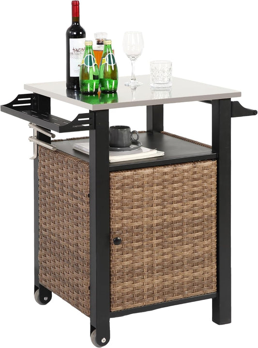 HOMEFUN Kitchen Island Cart Wicker Grill Prep Station & Stainless Steel Outdoor Serving Bar Table with Hooks Wheels Poolside Patio Grassland (Small)