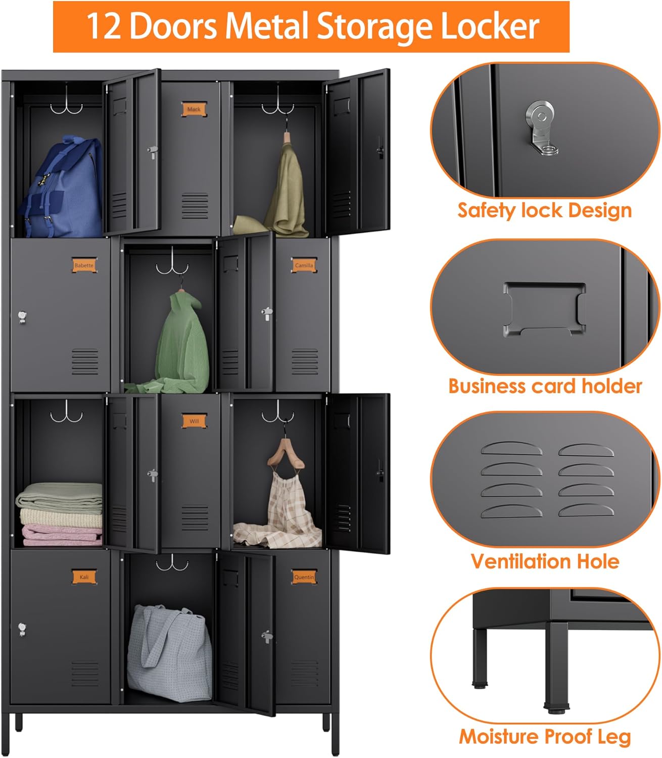 12 Doors Metal Lockers for Employees with 12 Hooks, Storage Locker with Business Card Holder for Office Gym School Bedroom, Assembly Required, Black