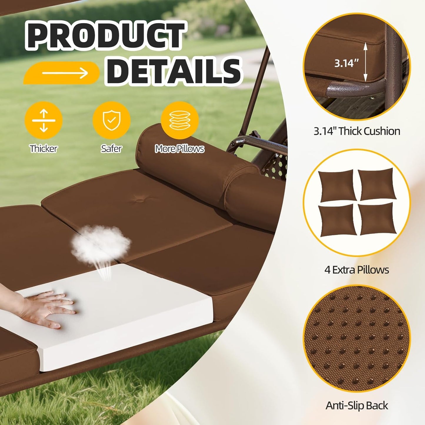 3-seat Patio Swing with Canopy,Convertible Outdoor Swing Bed with Thick Cushions, Pillows & Cup Holders, 3-Seat Outdoor Swings Chair for Backyard, Garden, Deck(Brown)