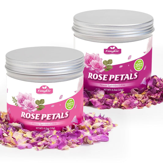 Fangkic Edible Rose Flower Petals for Cake, 2-Pack-0.5oz Each, 3AAA Food Grade Dried Double rose and Damascus Rose Flower Sprinkle for Baking, Cocktails, Tea, Soap –Gluten-Free, No Additives
