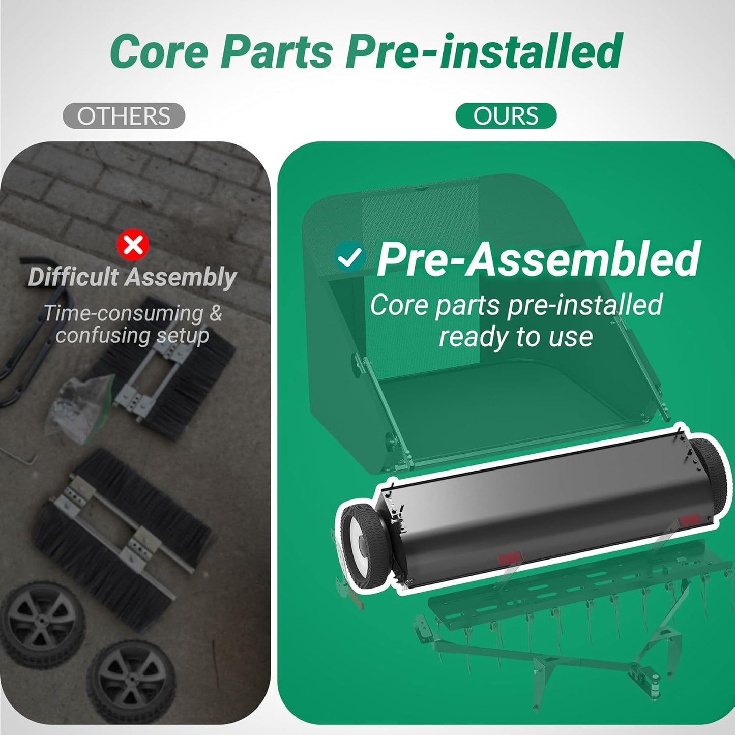 Suchtale 42" Tow Behind Lawn Sweeper with Dethatcher – 21 Cu. Ft. Leaf Collector with Adjustable Sweeping Height, Large Hamper Windscreen for Lawn, Yard, & Artificial Grass, Tractor/Mower Attachments
