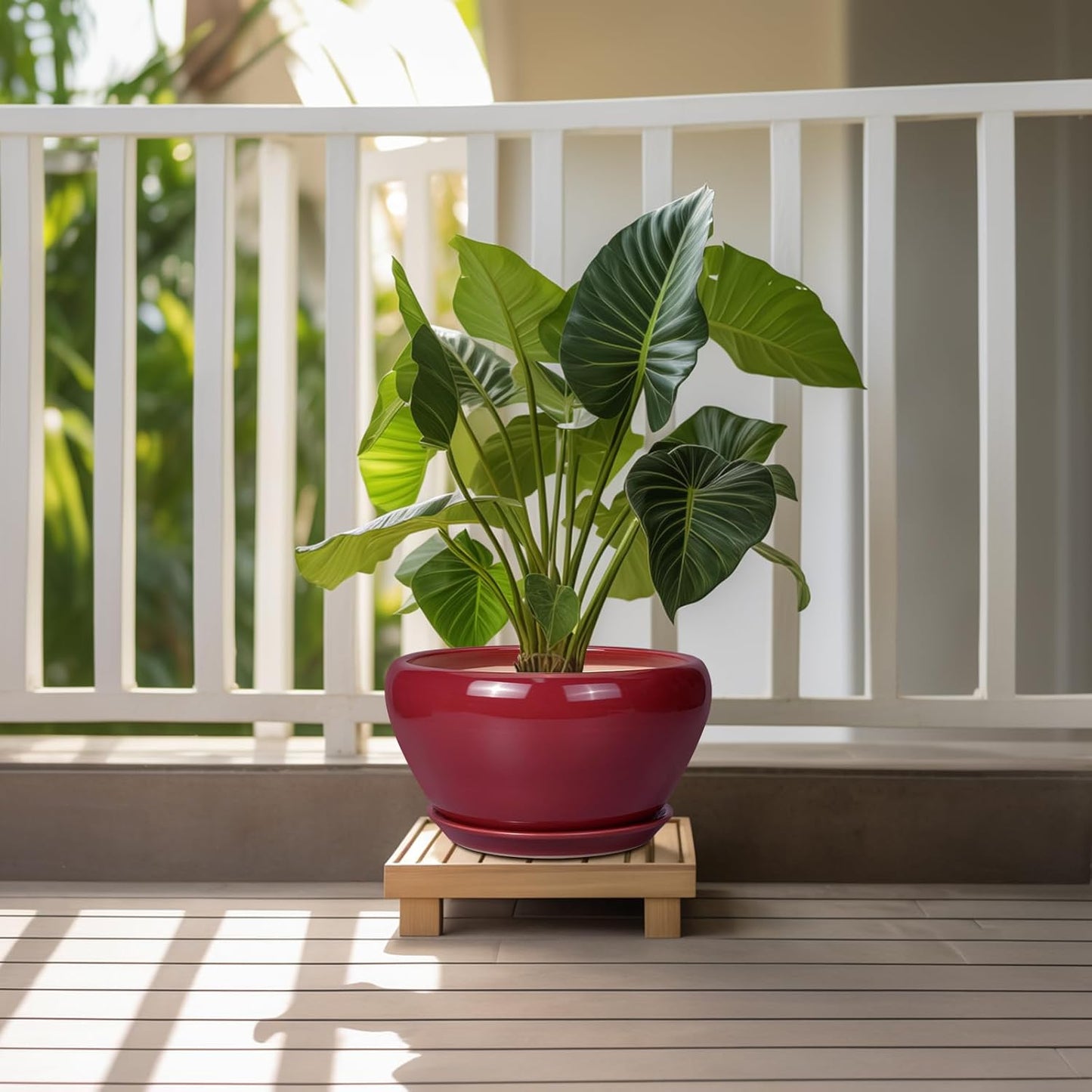 Ceramic Planter - 11 Inch Planter for Outdoor Plants Large Plant Pot Indoor with Drainage Hole and Saucer Round Modern Flower Pot Mid-Century Room Decor Red
