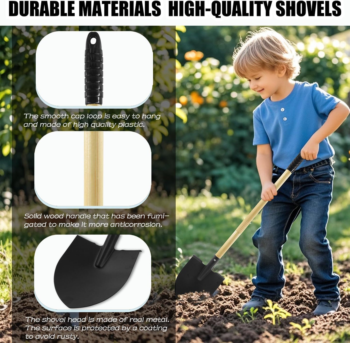 2PCS 27" Kids Shovels, Wood Handle & Metal Head Shovels for Digging Sand, Great for Beach & Garden