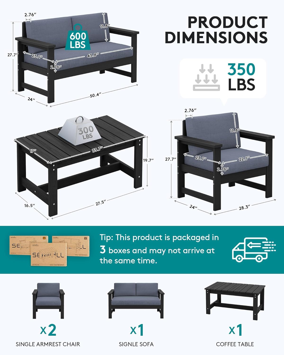 SERWALL 4 Pieces HDPE Outdoor Sofa Set with Cushion, All Weather Use Conversation Couch Set, Outdoor Loveseat Social Furniture with Coffee Table and Cushions, Black Frame with Grey Cushions