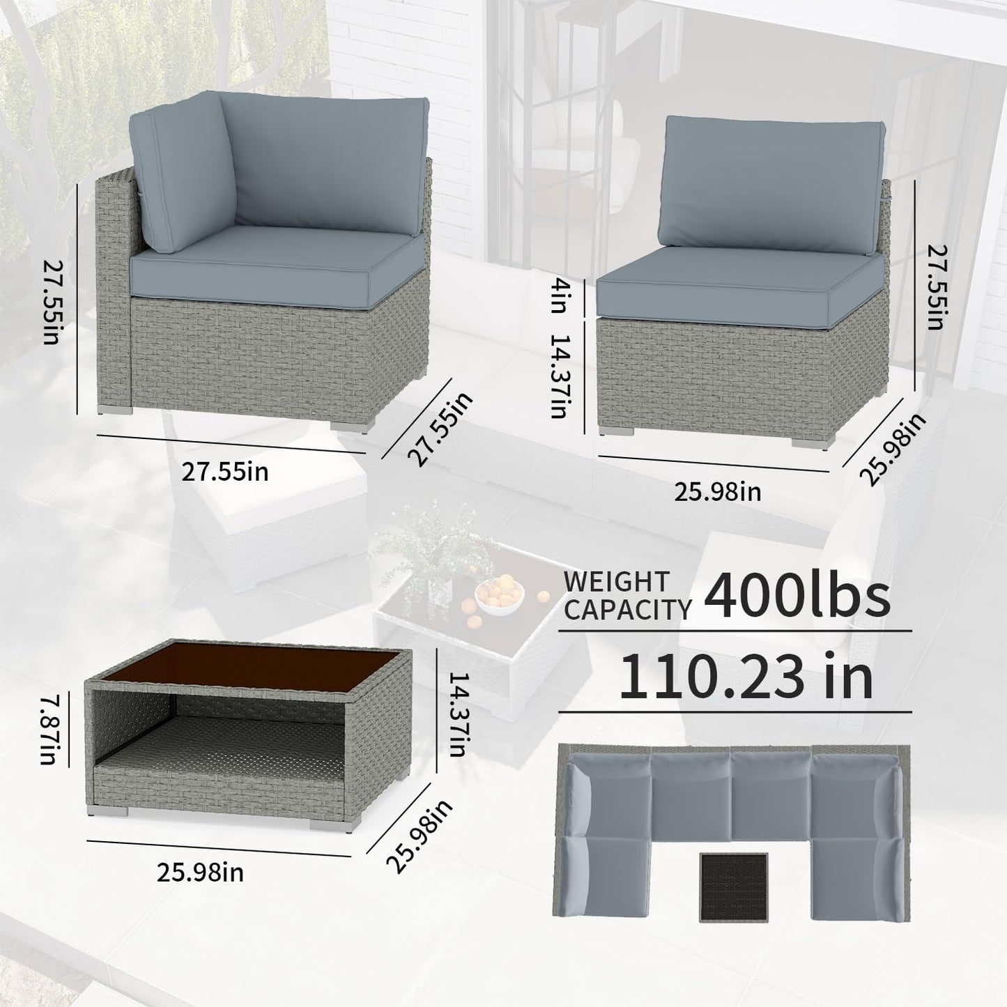 Patio Furniture Set 7-Piece, All-Weather Outdoor Conversation Set Sectional Sofa with Water Resistant Grey Thick Cushions and Coffee Table（Grey）