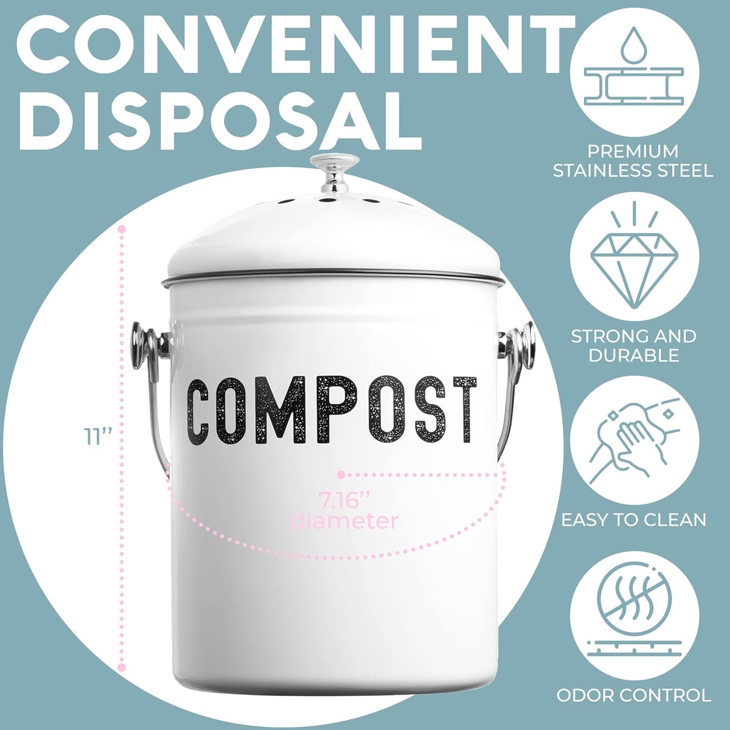 EPICA Countertop Compost Bin Kitchen | 1.3 Gallon | Odorless Composting Bin with Carbon Filters | Indoor Compost Bin with Lid | Stainless Steel Kitchen Composter for Food Scraps & Waste Recycling