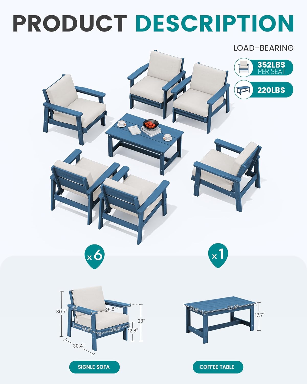 SERWALL HDPE Outdoor Furniture Set, 7 Piece All Weather Wood-Like Outdoor Sofa Sectional Couch, Blue Patio Furniture Set with Khaki Cushions